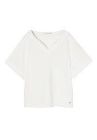 Weißes T-Shirt mit kurzen Ärmeln und V-Ausschnitt, aus weichem Stoff. Verfügt über ein kleines Logo-Detail am Saum und eine legere Passform.