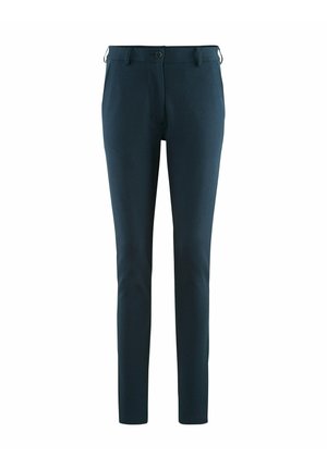 Dunkelblaue, maßgeschneiderte Hose mit schlanker Passform. Aus glattem Stoff gefertigt, mit Knopfverschluss und dezenten Seitentaschen. Keine sichtbaren Muster.