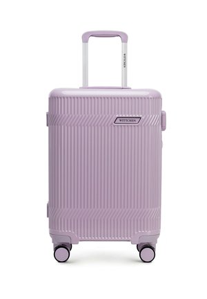 Valigia rigida color lavanda con scanalature verticali, manico telescopico, quattro ruote piroettanti e logo "WITTCHEN" sulla parte anteriore.