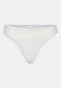 Weiße Spitzen-Tanga mit hellblauen Kanten, verziert mit einem floralen Muster und einer weichen Textur. Elastischer Taillenbund für eine bequeme Passform.