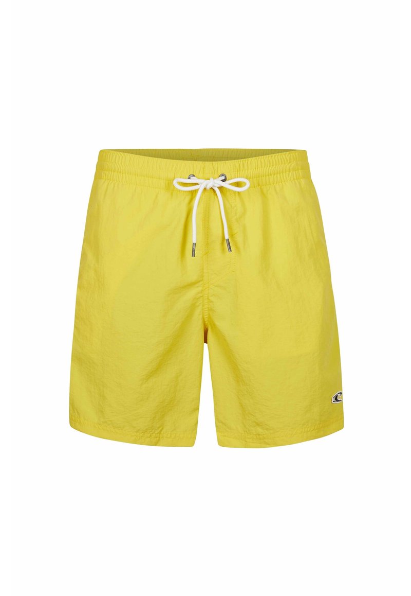 Bañador amarillo con una cintura elástica y cordón blanco. Presenta un pequeño logo en la parte inferior derecha. Textura suave.