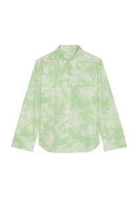 Camicia floreale verde chiaro con maniche lunghe, colletto a punta e motivo con fiori bianchi; presenta una chiusura frontale con bottoni e orlo dritto.