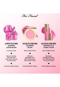 Three cosmetic products: pink liquid blush with a glossy finish, a round pink powder blush compact, and a gold-tube liquid lip color with a creamy texture.