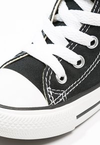 Svarte kanvas sneakers med hvit gummitærne, hvite snøringer og hull. Har kontrastfargede hvite sømmer og en teksturert svart såle.