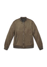 Giacca bomber in camoscio verde oliva con polsini e orlo a coste, dotata di due tasche frontali con zip e colletto rotondo. Taglia XL.