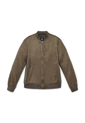 Giacca bomber in camoscio verde oliva con polsini e orlo a coste, dotata di due tasche frontali con zip e colletto rotondo. Taglia XL.