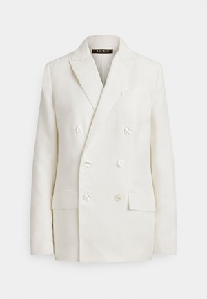 Blazer crème croisé avec revers châle, boutons en perle et poches avant. Confectionné en tissu léger avec une texture lisse.