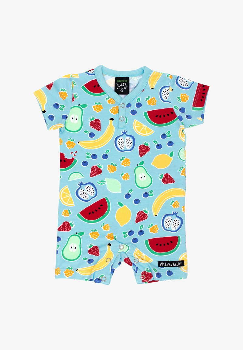 Krótki rękaw, niebieska kombinacja wykonana z organicznej bawełny. Posiada kolorowe wzory owoców, zapięcia na napy na dole oraz okrągły dekolt.