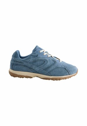 Blue suede sneaker with beige laces and a light brown rubber sole, shown in side profile on a white background.