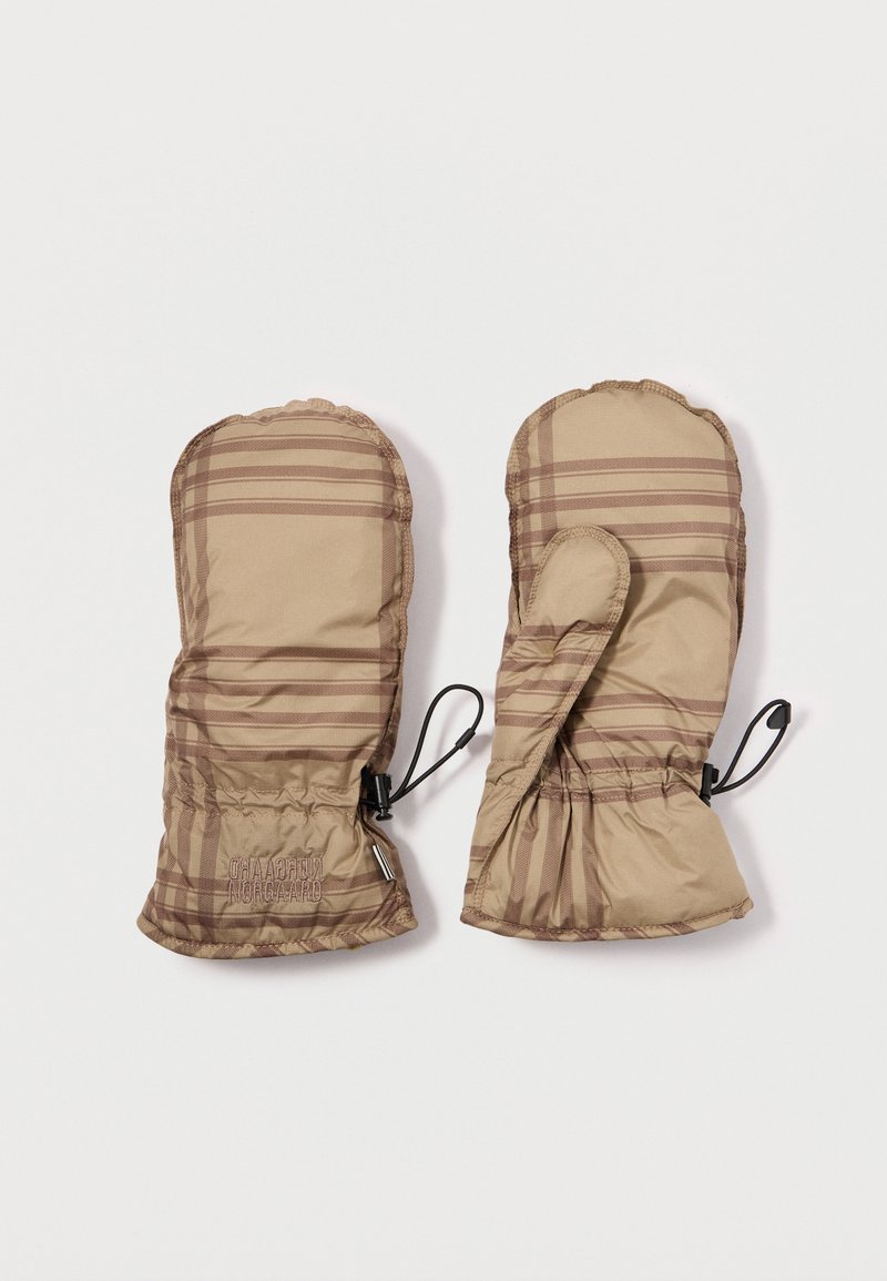 Beige ternede vanter med quiltes design, elastiske manchetter og snørelukning for en sikker pasform. Lavet af letvægts, vejrbestandigt materiale.