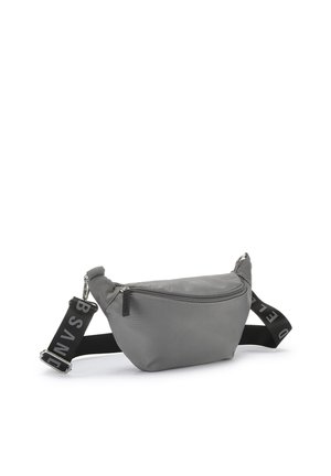 Gray fabric waist bag with a curved shape, zippered closure, and adjustable black strap featuring white text accents. Smooth texture overall.