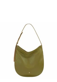 Borsa a tracolla in pelle verde oliva con forma curva, sottile tracolla dorata e texture liscia. Presenta un design minimalista senza accenti prominenti.