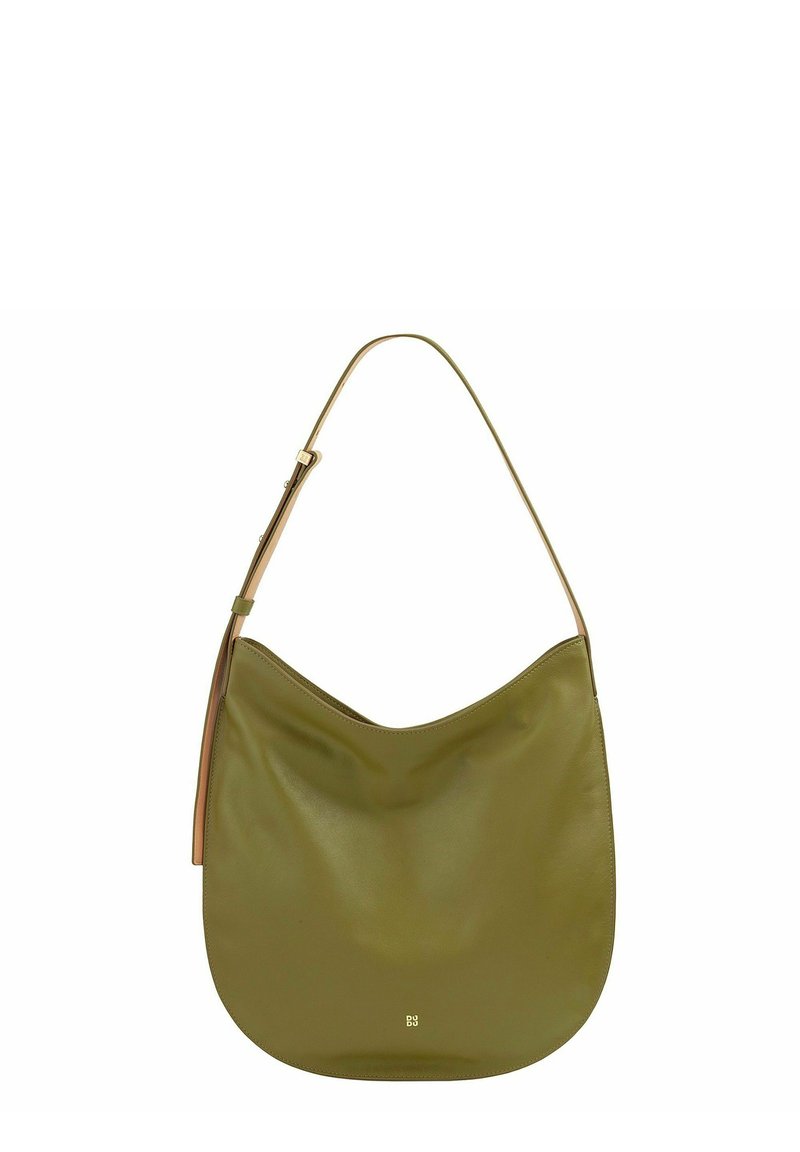 Borsa a tracolla in pelle verde oliva con forma curva, sottile tracolla dorata e texture liscia. Presenta un design minimalista senza accenti prominenti.