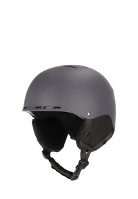 Matt grå skid hjälm med rundad design, intern vaddering, ventilationshål och justerbart hakband för säker passform.