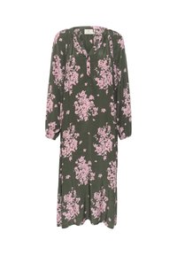 Rochie florală din țesătură verde închis cu un model floral roz. Prezintă o croială lejeră, mâneci lungi și un decolteu rotund cu detaliu tip notch.
