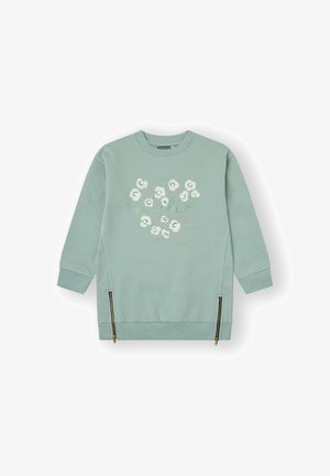 Sudadera verde claro con un diseño floral. Presenta mangas largas, puños acanalados y acentos de cremallera dorada en los lados. Textura suave.