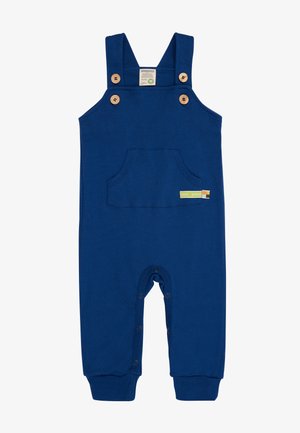 Marineblaue Baumwoll-Latzhose mit verstellbaren Trägern, Holzknöpfen, einer Vordertasche und einem Druckknopfverschluss am Boden für einfaches Anziehen.