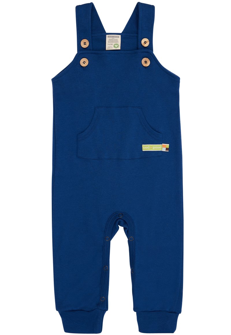 Marineblaue Baumwoll-Latzhose mit verstellbaren Trägern, Holzknöpfen, einer Vordertasche und einem Druckknopfverschluss am Boden für einfaches Anziehen.