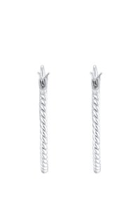 Orecchini con design a corda d'argento con una texture attorcigliata; ciascun orecchino presenta una chiusura sicura nella parte superiore per una facile indossabilità.