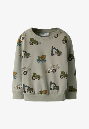 Dječja svijetlosiva majica dugih rukava s uzorkom ponavljajućih konstrukcijskih vozila: bageri, miješalice za cement i traktori u zelenoj, plavoj i narančastoj boji.