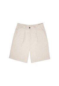 Beige shorts made of soft fabric, featuring a flat front with two pleats, belt loops, and side pockets. Single button closure at waist.