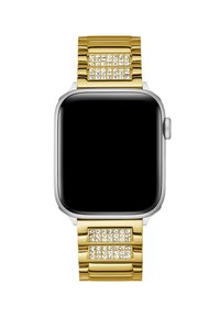 Montre intelligente avec un écran tactile carré noir, un boîtier argenté et un bracelet métallique doré ornés de deux rangées de cristaux transparents incrustés.