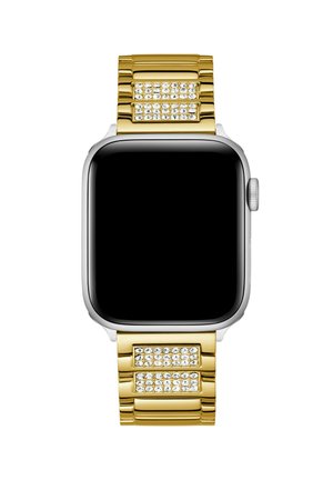 Smartwatch s čiernym štvorcovým dotykovým displejom, strieborným puzdrom a zlatým kovovým náramkom s dvoma radmi zabudovaných priehľadných kryštálov.