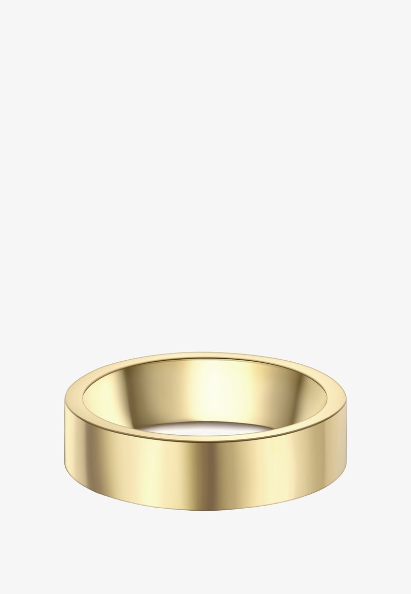 Guldfärgad metallring med en slät, polerad yta, med en enkel, rund form och en matt insida.