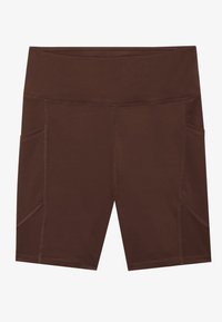 Shorts atletici maro, dintr-un material neted, având talie înaltă, buzunare laterale și detalii de cusătură contrastante.
