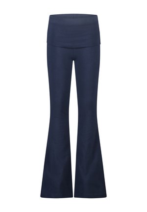 Marineblauwe hoge taille yogabroek met brede uitlopende pijpen, gemaakt van rekbare stof.