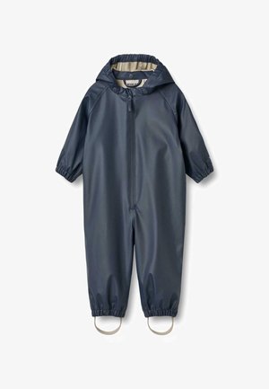 Marineblauer wasserdichter Overall mit Kapuze, elastischen Bündchen und einem vorderen Reißverschluss. Verfügt über Schlaufen an den Füßen zum sicheren Befestigen über dem Schuhwerk.