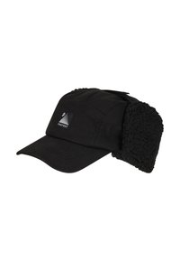 Black cap with a curved brim, featuring soft black fleece ear flaps, a textured fabric, and a small logo patch on the front.
