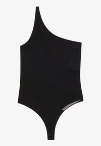 Schwarzer einseitiger Bodysuit mit asymmetrischem Ausschnitt und Mesh-Details auf einem schlichten weißen Hintergrund.