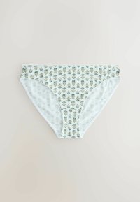 Weiße gerippte Damen-Bikini-Slips mit einem kleinen Blumenmuster in Grün- und Gelbtönen auf hellgrauem Hintergrund.