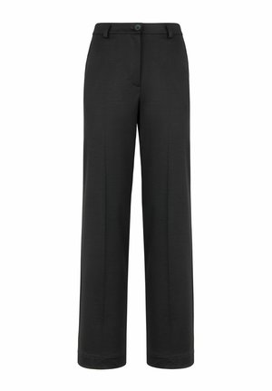 Pantaloni neri a gamba larga realizzati in un tessuto liscio, con chiusura frontale a bottone e tasche laterali, dal fit sartoriale e senza motivi visibili.