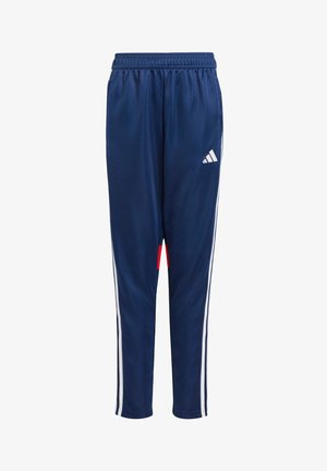 Pantalons de sport marine en matière lisse avec rayures blanches sur les côtés, taille élastique et accent rouge au bas.