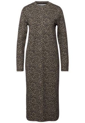Jurk met lange mouwen in een donkerbruine en beige luipaardprint. Ronde hals, nauwsluitende pasvorm, lichtgewicht stof en minimale details.