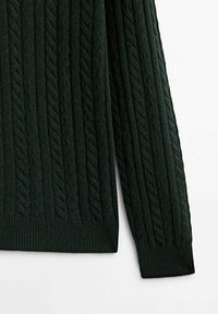 Dunkelgrüner Kabelstrickpullover mit strukturiertem Muster, ausgestattet mit gerippten Bündchen und Saum. Das Material erscheint weich und dick.