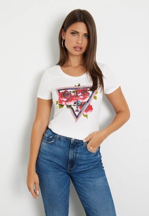 Guess STRETCH BLUMEN-LOGO - Marškinėliai su spaudiniu - bianco