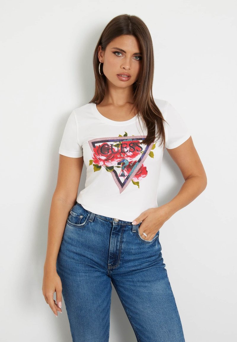 Guess STRETCH BLUMEN-LOGO - Marškinėliai su spaudiniu - bianco