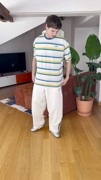 Biała koszula krótki rękaw w biało-niebieskie, żółte i zielone paski; luźne białe spodnie; srebrne obuwie; wnętrze z roślinami.