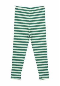 Žalios ir kreminės spalvos dryžuotos Leggings, su raukšlėta tekstūra, elastinga juosmens dalimi, pritaikyta forma, pilno ilgio, tolygūs dryžiai, tinkami kasdieniam dėvėjimui.