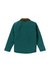 Giacca camicia teal con colletto marrone e testurizzato; presenta maniche lunghe e un orlo dritto. Design semplice e funzionale.