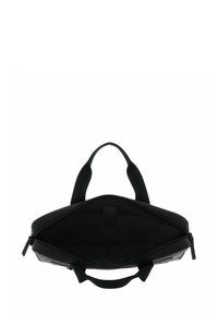 Schwarze Laptoptasche mit glatter Außenseite, zwei Stoffgriffen, Reißverschluss und weicher Innenfutter. Innen verfügt sie über ein einzelnes Fach.