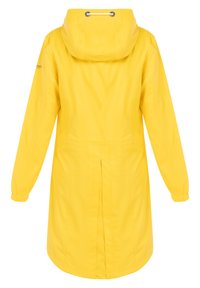 Jachetă galbenă impermeabilă cu glugă, mâneci lungi, manșete elastice și croială dreaptă. Are șnururi la gât și ventilație în spate.