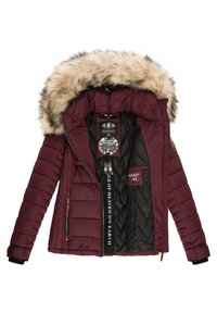 Burgundy puffer jacket with a faux fur hood, quilted design, zippered front, and inner black lining featuring multiple labels and accents.