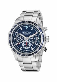 Orologio cronografo in acciaio inossidabile argentato con quadrante blu, lunetta tachimetrica, tre sottodial e audaci indicatori delle ore argentati. Resistente all'acqua fino a 100 metri.