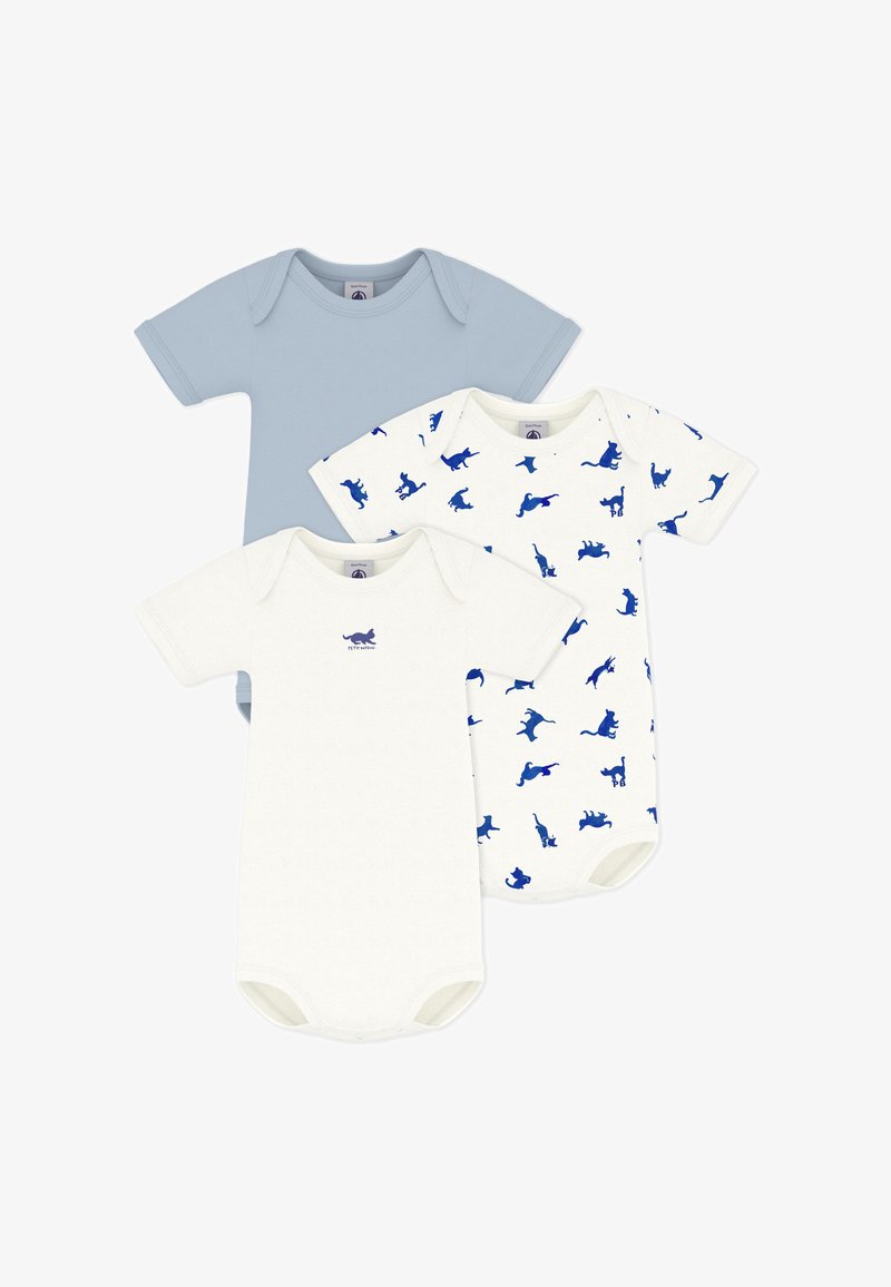 Drei kurzärmelige Baby-Bodys: einer in einfarbig hellblau, einer in weiß mit kleinen blauen Katzensilhouetten, einer in weiß mit kleinem blauen Logo-Kater.