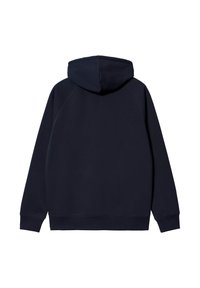 Felpa con cappuccio blu navy, vista dal retro, con maniche lunghe e polsini e orlo a costine.