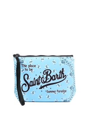 Lichtblauwe polstasje met ritssluiting, zwarte paisleyprint en de tekst "The place to be Saint Barth Summer Paradise" in zwarte sierletters.